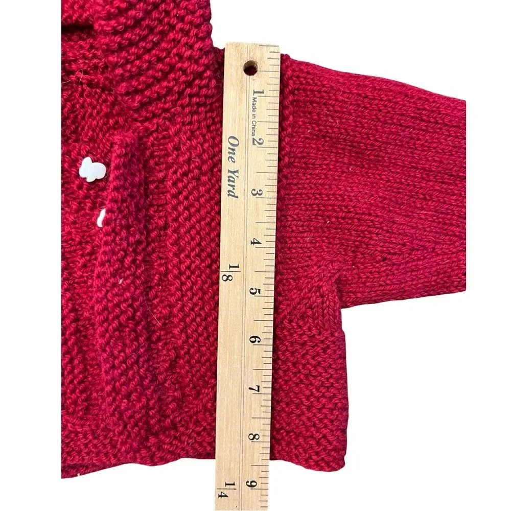 Handmade Red Knit Baby Hoodie with Bunny Button Detail Size 3-6 Months